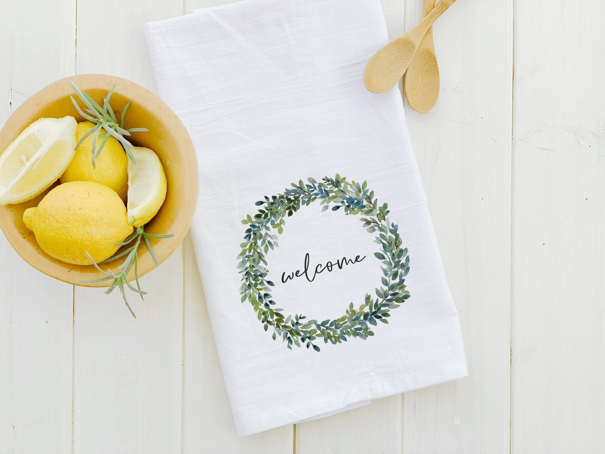 Welcome Boxwood Wreath - Cotton Tea Towel - Jo’s Vintage Werks