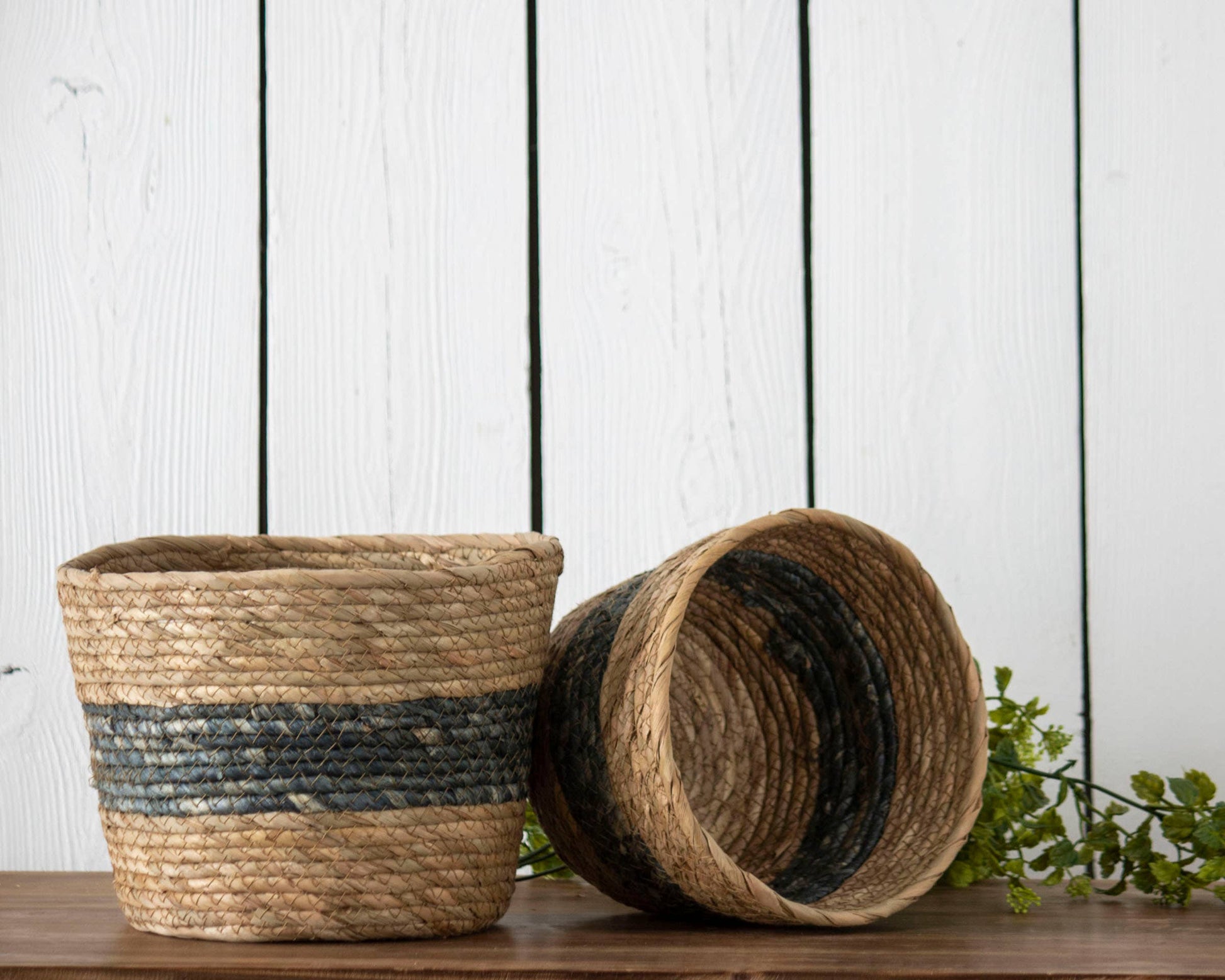 Foreside Home & Garden - Set of 2 Blue Stripe Natural Baskets Large - Jo’s Vintage Werks