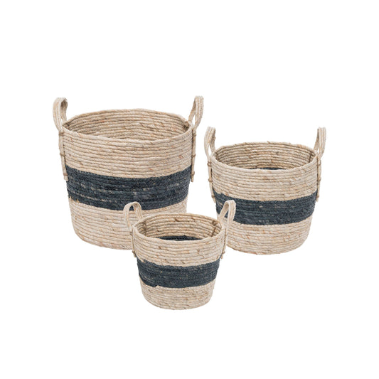 Blue Stripe Natural Baskets, Set Of 3 - Jo’s Vintage Werks